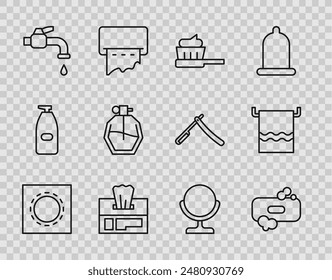 Set line Condón en paquete sexo seguro, Barra de jabón, Cepillo de dientes con pasta de dientes, Toallita húmeda, Grifo de agua, Perfume, Espejo de maquillaje redondo e icono de colgador de toallas. Vector