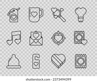 Set line Condom, in package, Search heart and love, Please not disturb with, Heart tag, Envelope Valentine, Candy shaped box and  icon. Vector
