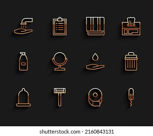 Set line Condom, Shaving razor, Washing hands with soap, Toilet paper roll, Sanitary tampon, Round makeup mirror, Trash can and  icon. Vector