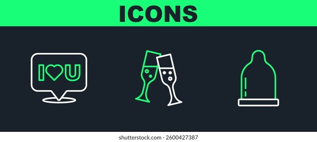 Set line Condom, Speech bubble with I love you and Glass of champagne icon. Vector