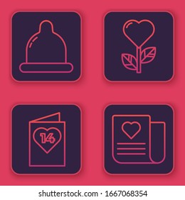 Set line Condom, Valentines day flyer with heart, Heart shape in a flower and Envelope with Valentine heart. Blue square button. Vector