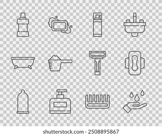 Set line Condón, Lavarse las manos con jabón, Espuma de gel de afeitar, Botella de champú, para agente de limpieza, polvo, cepillo para el cabello y toalla sanitaria icono. Vector