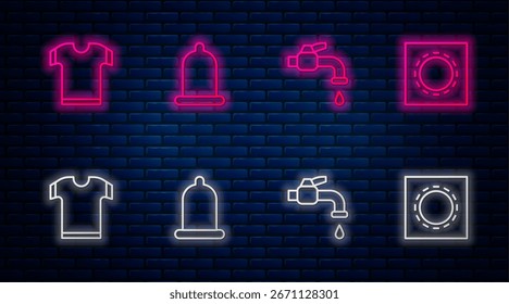 Set line Condón, grifo de agua, camiseta y paquete en sexo seguro. Icono de neón brillante en la pared de ladrillo. Vector