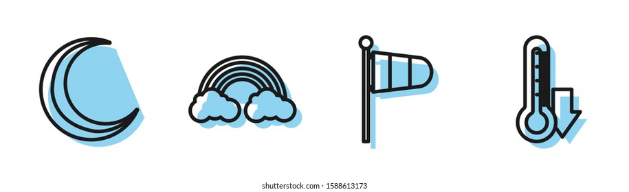 Set line Cone meteorology windsock wind vane, Moon and stars, Rainbow with clouds and Thermometer icon. Vector
