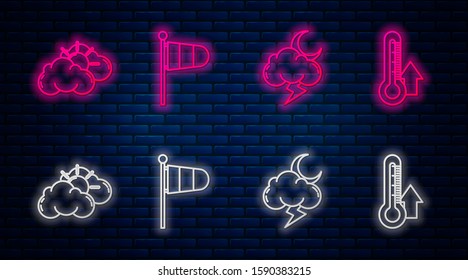 Set line Cone meteorology windsock wind vane, Storm, Sun and cloud weather and Thermometer. Glowing neon icon on brick wall. Vector