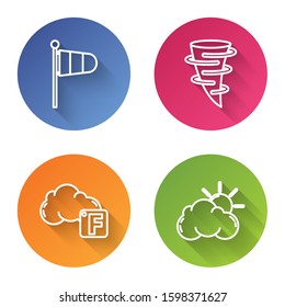 Set line Cone meteorology windsock wind vane, Tornado, Fahrenheit and cloud and Sun and cloud weather. Color circle button. Vector