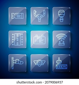 Set line Cone meteorology windsock, Aviation emblem, Airport control tower, Hot air balloon, board, runway, Airline ticket and Router and wi-fi signal icon. Vector