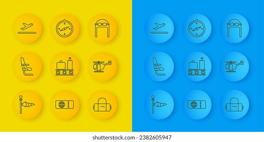 Fija la línea Cone meteorología viento sock, asiento del avión, correa transportadora del aeropuerto con maleta, maleta, helicóptero, despegue del avión, gafas de sombrero aviador e icono de brújula. Vector