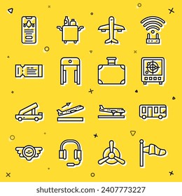 Set line Cone meteorology windsock, Airport bus, Radar with targets monitor, Plane, Metal detector airport, Airline ticket, Mobile and Suitcase icon. Vector