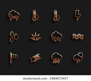 Cono meteorología veleta, Estrella en caída, Tormenta, Nube con lluvia, Puesta del sol, Olas e icono. Vector