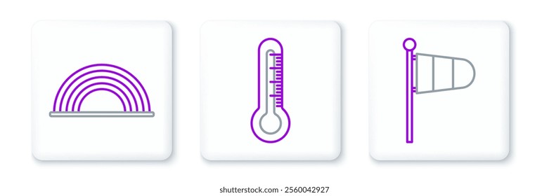 Set line Cone meteorology windsock wind vane, Rainbow with clouds and Thermometer icon. Vector