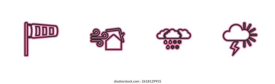 Set line Cone meteorology windsock wind vane, Cloud with snow and rain, Tornado swirl and Storm icon. Vector