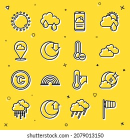 Fijar línea Cone vane de viento de viento, Nube con luna, pronóstico del tiempo, Luna, nube de ubicación, icono de termómetro de Sun y Meteorología. Vector