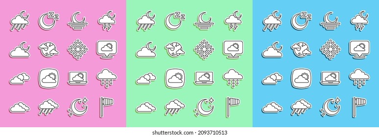 Set line Cone windsock wind vane, Cloud with rain, Location cloud, Sunset, Earth planet clouds, moon, and and Snowflake icon. Vector