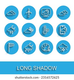 Set line Cone windsock wind vane, Cloud with rain and moon, Water drop percentage, snow, Windy weather, Weather forecast and Meteorology thermometer icon. Vector