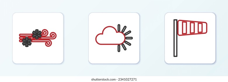 Set line Cone Windsock Windrad, Wind und Schnee und Wolke Symbol. Vektorgrafik