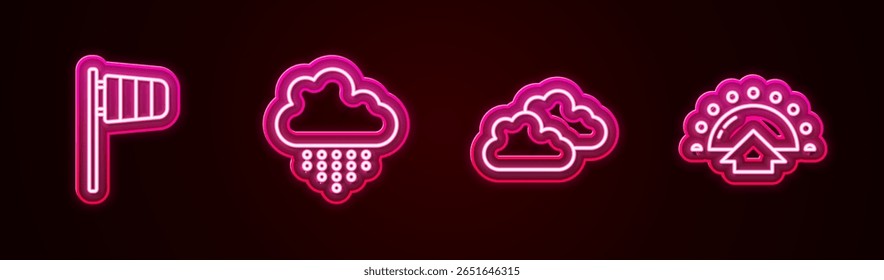 Set line Cono windsock veleta de viento, Nube con lluvia, y Salida del sol. Icono de neón brillante. Vector