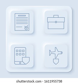Set line Confirmed document and check mark, Briefcase, Smartphone insurance and Plane with shield. White square button. Vector