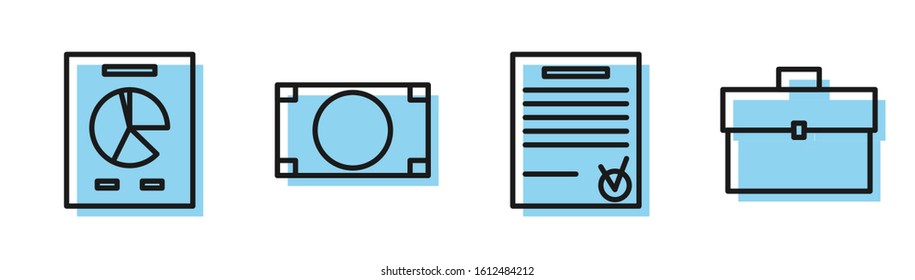 Set line Confirmed document and check mark, Document with graph chart, Stacks paper money cash and Briefcase icon. Vector