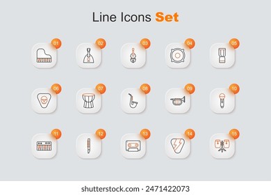 Set line Conga drums, Guitar pick, Retro audio cassette tape, Flute, Music synthesizer, Microphone, Trumpet and Saxophone icon. Vector