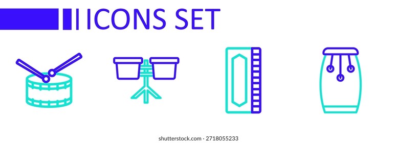 Set line Conga tambores, armónica, bongo y tambor con palos icono. Vector