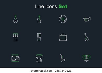 Set line Conga drums, Saxophone, African darbuka, Xylophone, Bandura, Guitar amplifier, djembe and percussion icon. Vector