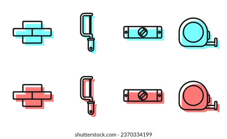 Set line Construction bubble level, Bricks, Hacksaw and Roulette construction icon. Vector