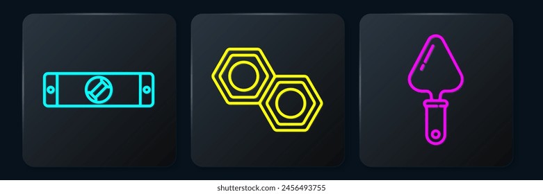 Set line Construction bubble level, Trowel and Hexagonal metal nut. Black square button. Vector