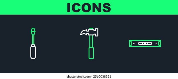 Set line Construction bubble level, Screwdriver and Claw hammer icon. Vector