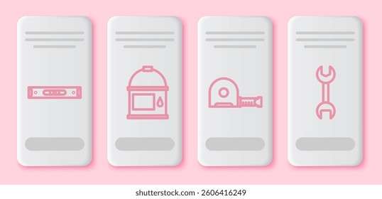 Set line Construction bubble level, Paint bucket, Roulette construction and Wrench spanner. White rectangle button. Vector