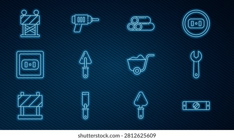 Set line Construction bubble level, Wrench spanner, Industry metallic pipe, Trowel, Electrical outlet, Road barrier, Shovel and drill machine icon. Vector