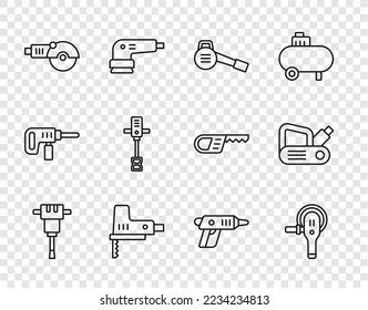 Set line Construction jackhammer, Angle grinder, Leaf garden blower, Electric jigsaw, Electrical hand concrete mixer, cordless screwdriver and planer tool icon. Vector