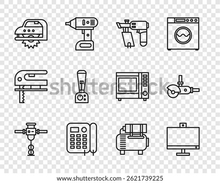 Set line Construction jackhammer, Computer monitor, Nail gun, Telephone, Electric circular saw, Blender, Air compressor and Angle grinder icon. Vector