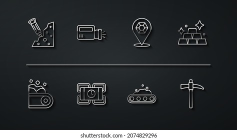 Set line Construction jackhammer, Conveyor belt carrying coal, Gold bars, Dynamite, Flashlight, Pickaxe and Gem stone icon. Vector