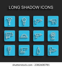Set line Construction jackhammer, Electric sander, Electrical hand concrete mixer, Screwdriver, jigsaw, circular, Circular blade and cordless screwdriver icon. Vector