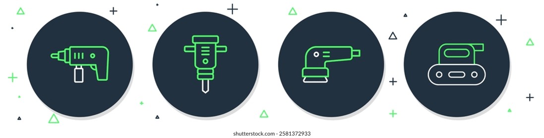 Set line Construction jackhammer, Electric sander, drill machine and planer tool icon. Vector