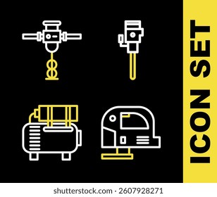 Set line Construction jackhammer, Electric jigsaw, Air compressor and  icon. Vector