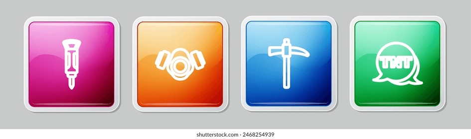 Set line Construction jackhammer, Gas mask, Pickaxe and Dynamite. Colorful square button. Vector