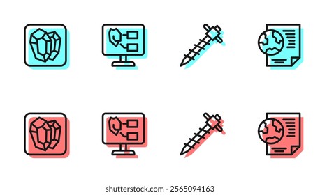 Set line Construction jackhammer, Gem stone, Soil analysis and Earth globe with document icon. Vector
