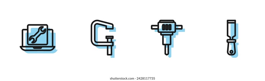 Set line Construction jackhammer, Laptop service, Clamp and screw tool and Rasp metal file icon. Vector