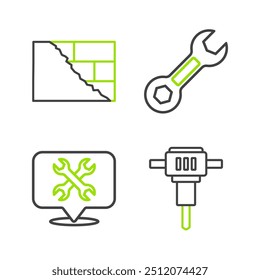 Set line Construction jackhammer, Location with wrench, Wrench spanner and Bricks icon. Vector