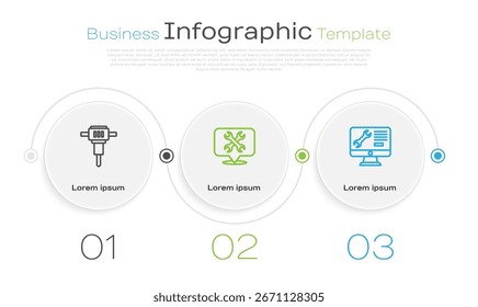 Martillo neumático de construcción, Locación con llave inglesa y servicio de monitor de computadora. Plantilla de infografía de negocios. Vector