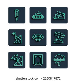 Set line Construction jackhammer, Mine entrance, Miner helmet, Conveyor belt carrying coal, Gas mask, Shovel and stone,  and Giant magnet holding iron dust icon. Vector