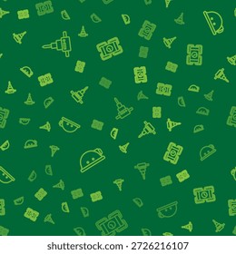 Set line Construction jackhammer, Miner helmet and Dynamite on seamless pattern. Vector