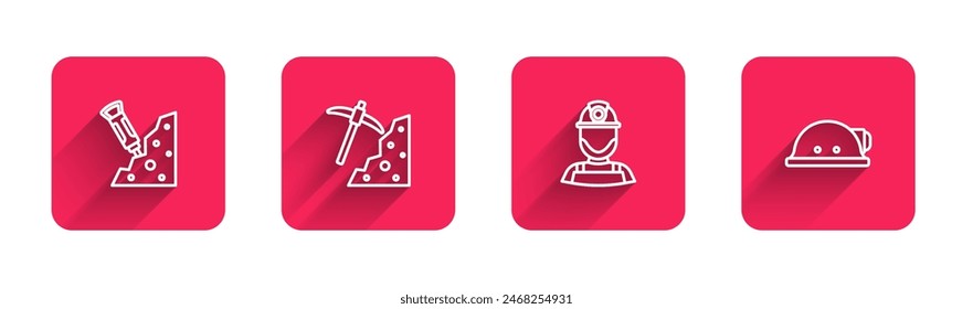 Set line Konstruktion Jackhammer, Pickaxe, Miner in Helm und mit langem Schatten. Rotes Quadrat Button. Vektorgrafik
