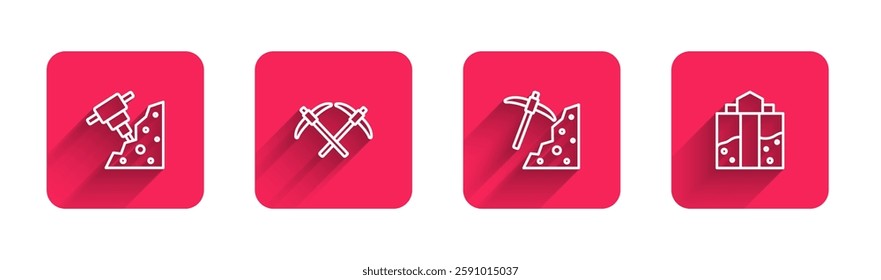 Set line Construction jackhammer, Pickaxe,  and Mine entrance with long shadow. Red square button. Vector