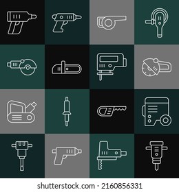 Línea Martillo de construcción, Generador eléctrico de potencia, Molinador de ángulo, soplador de jardín de hojas, Chainsaw, destornillador inalámbrico eléctrico e icono de sierra mecánica. Vector