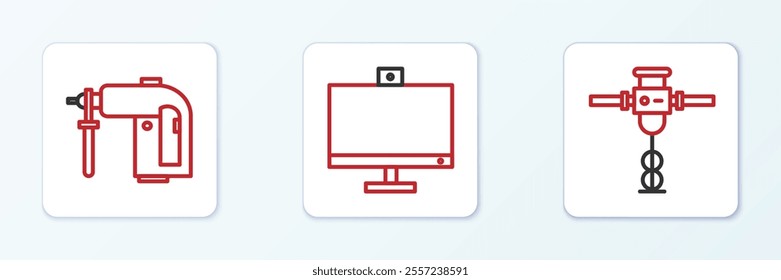 Set line Construction jackhammer, Rotary drill machine and Computer monitor icon. Vector