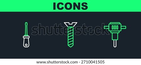 Set line Construction jackhammer, Screwdriver and Metallic screw icon. Vector
