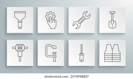 Set line Construction jackhammer, Settings in the hand, Clamp screw tool, Screwdriver, Safety vest, Wrench spanner, Shovel and Putty knife icon. Vector